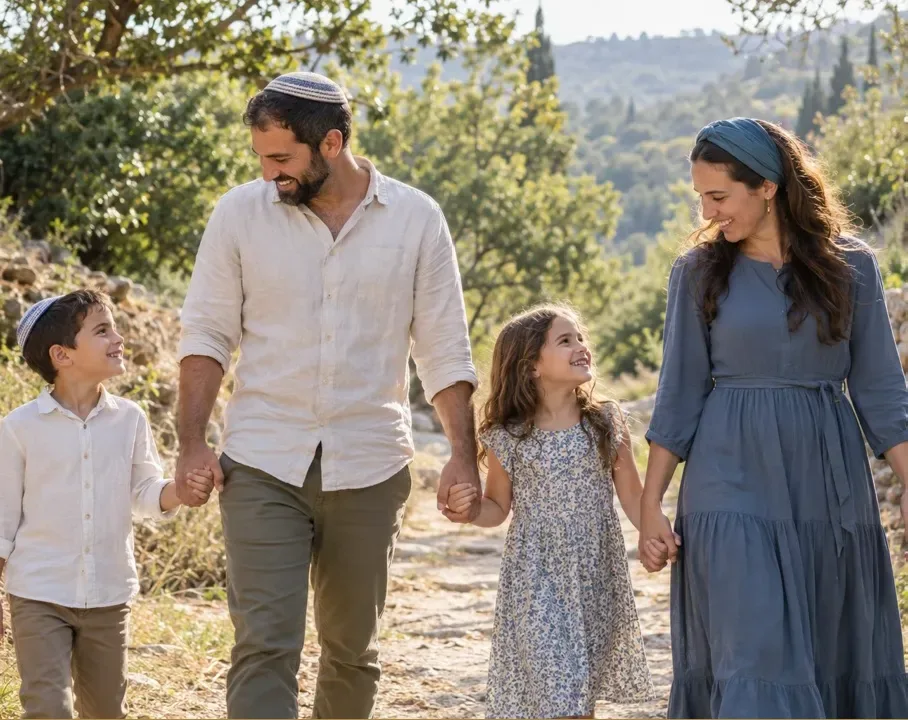 משפחה צועדת יחד בשביל בטבע